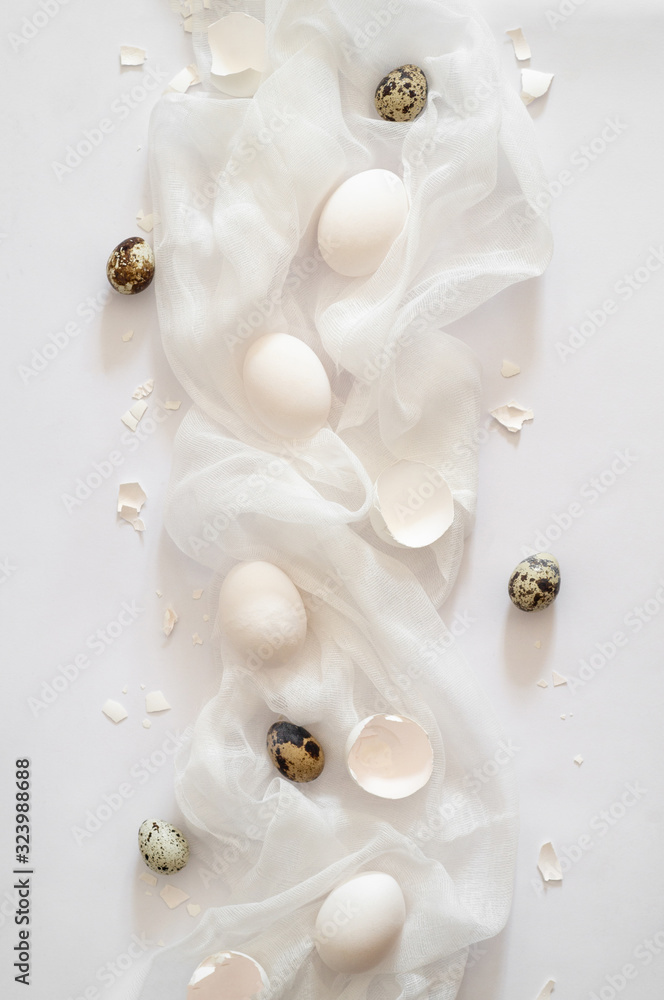 Obraz Totally white. Easter eggs on a white cloth. Egg shell. Easter concept