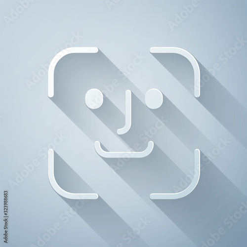Paper cut Face recognition icon isolated on grey background. Face identification scanner icon. Facial id. Cyber security concept. Paper art style. Vector Illustration