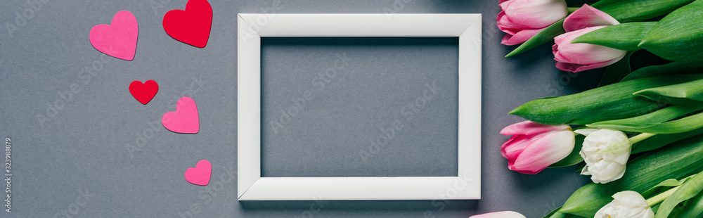 Fototapeta premium Panoramic shot of white frame with paper hearts near bouquet of tulips on grey background