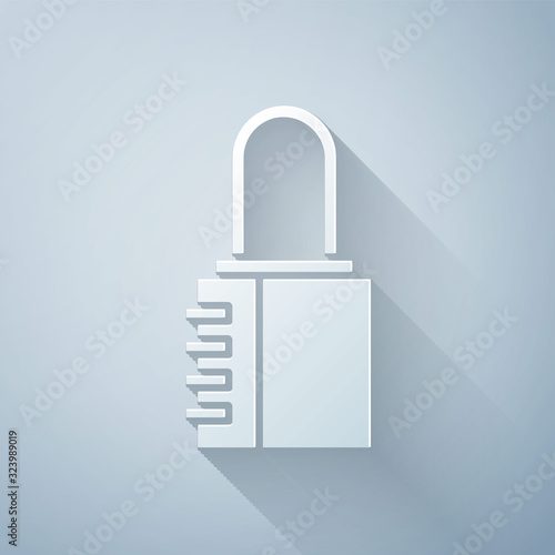 Paper cut Safe combination lock icon isolated on grey background. Combination padlock. Security, safety, protection, password, privacy. Paper art style. Vector Illustration