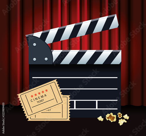 clapboard and movie tickets, colorful design