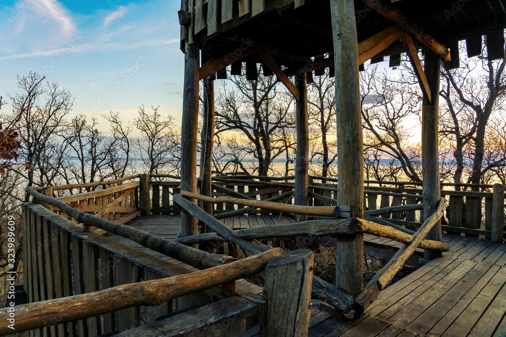wooden rustic view tower tree house next to Lake Balaton in Hungary wooden rustic view tower tree house next to Lake Balaton in Hungary