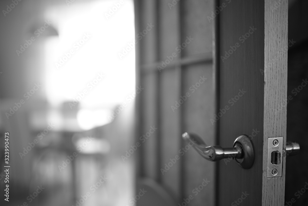 Door end with chrome handle in the room. BW photo Door end with chrome handle in the room. BW photo