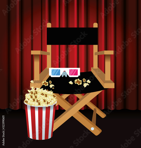 directors chair with 3d glasses and pop corn bucket