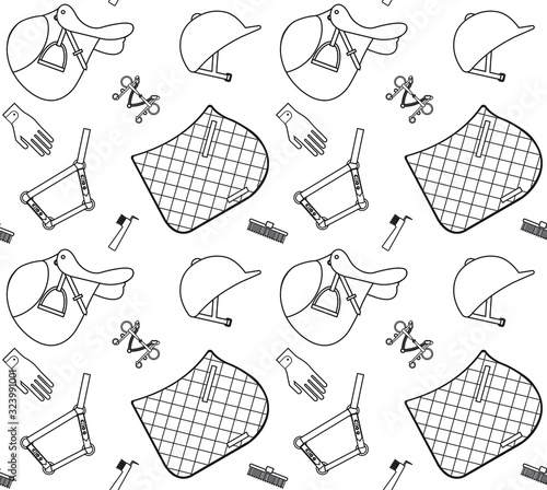 Vector seamless pattern of flat black outline horse riding sport equipment isolated on white background
