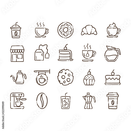 Coffee shop doodle vector icons. Cafe hand drawn pictograms.