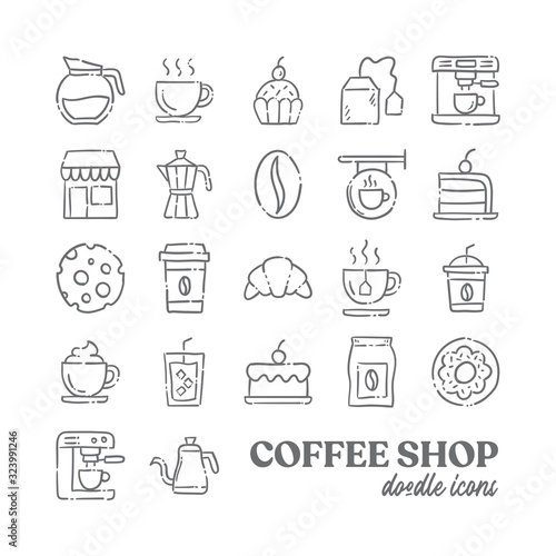 Coffee shop doodle vector icons. Cafe hand drawn pictograms.