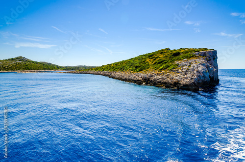 Beautiful landscape of Mediterranean Sea, rocks and islands in the sea bay in Croatia. Vacation travel destination.