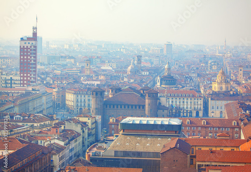 Aerial panoramic view of Central Turin city 