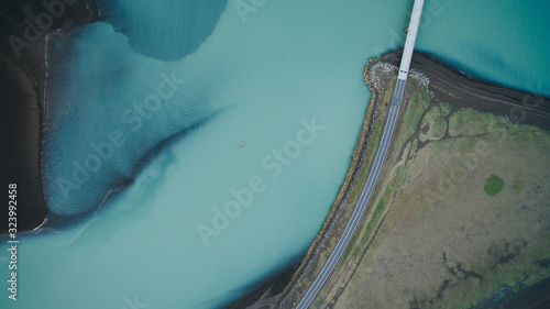 Aerial view from above on a green and blue glacier river stream in  South Iceland. Beautiful patterns, textures and structures. Melting glacier,  Global warming and climate change concept