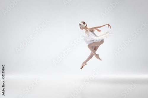 Fototapeta Naklejka Na Ścianę i Meble -  Flying bird. Graceful classic ballerina dancing isolated on white studio background. Woman in tender clothes like a white swan characters. The grace, artist, movement, action and motion concept.