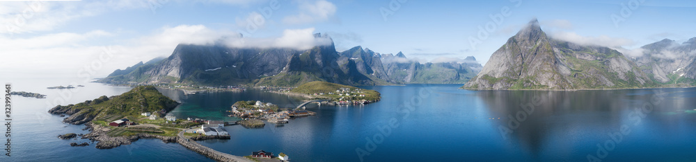 Aerial summer sky panorama  view of  norway mountains, lofoten, vacation travel concept.