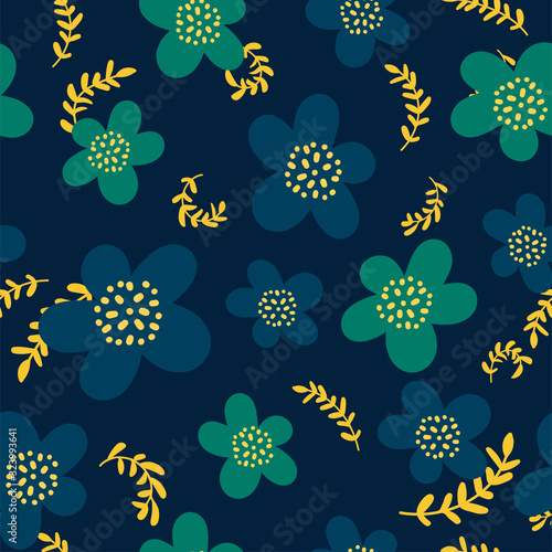 Roughly drawn spring flowers. Abstract seamless pattern. dark blue Universal bright background for greeting cards, invitations. Hand drawing illustration. Textile Wrapping paper background
