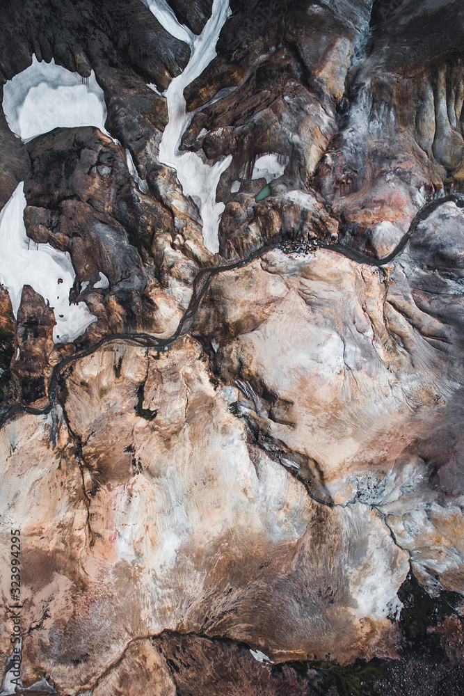 Drone aerial view of Kerlingarfjoll, Geothermal Area highland of Iceland, Europe. Interesting  snow,river and mountain patterns