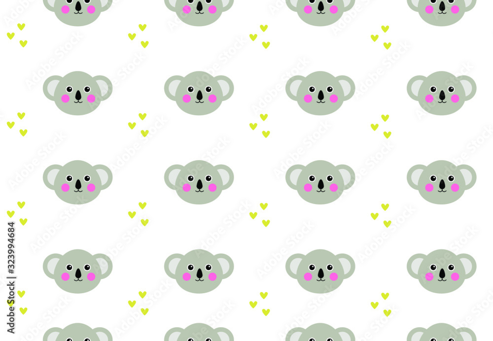 Seamless pattern with cute kawaii koala and hearts isolated on white background. Creative childish style for fabric, textile, wallpaper, wrapping, apparel. Vector illustration