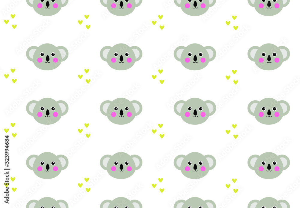 Seamless pattern with cute kawaii koala and hearts isolated on white background. Creative childish style for fabric, textile, wallpaper, wrapping, apparel. Vector illustration Seamless pattern with cute kawaii koala and hearts isolated on white background. Creative childish style for fabric, textile, wallpaper, wrapping, apparel. Vector illustration