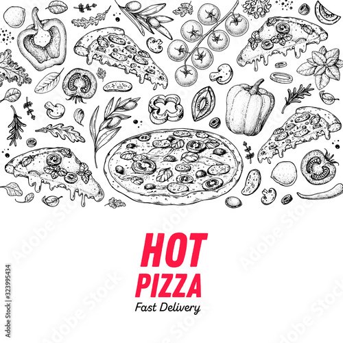 Italian pizza and ingredients. Italian food menu design template. Pizzeria menu design template. Vintage hand drawn sketch vector illustration. Engraved image.