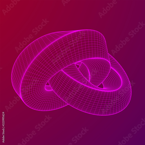 Mobius strip ring knot sacred geometry. Spatial figure with upturned surfaces. Optical illusion with dual circular contour. Wireframe low poly mesh vector illustration.