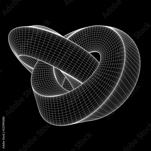 Mobius strip ring knot sacred geometry. Spatial figure with upturned surfaces. Optical illusion with dual circular contour. Wireframe low poly mesh vector illustration.