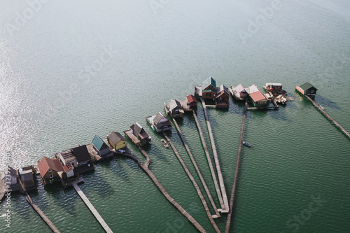 Aerial drone view of fishing village in Europe.