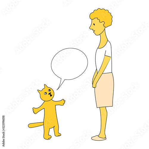 Cat and Woman. Vector yellow hand drawing illustration.