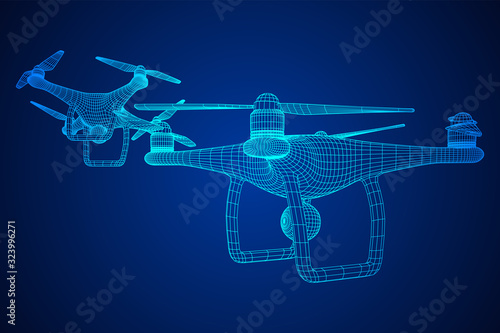 Remote control air drone. Dron flying with action video camera. Wireframe low poly mesh vector illustration