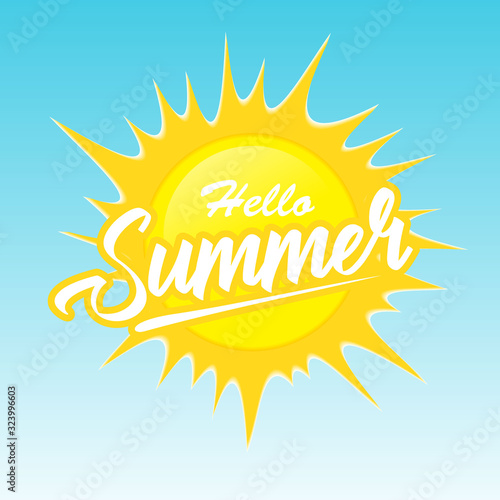 Hello summer vector banner design. Hello summer enjoy every moment text in sun element for tropical season with clouds element in blue background. Vector illustration.