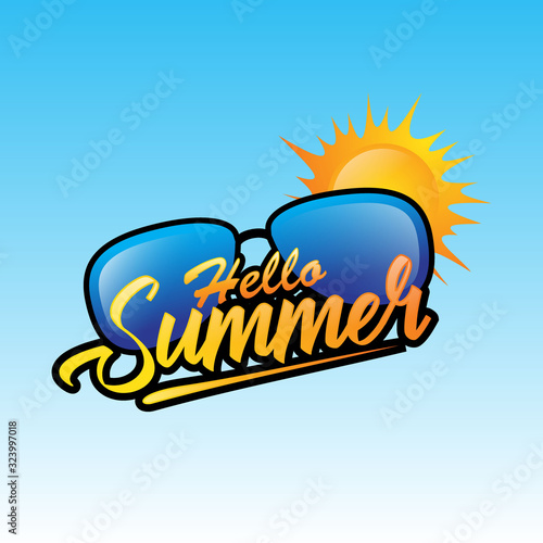 Hello summer vector banner design. Hello summer enjoy every moment text in sun element for tropical season with clouds element in blue background. Vector illustration.