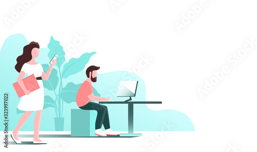 Young office workers. A woman is walking with a smartphone. A man sits at a computer. Vector illustration with place for text.