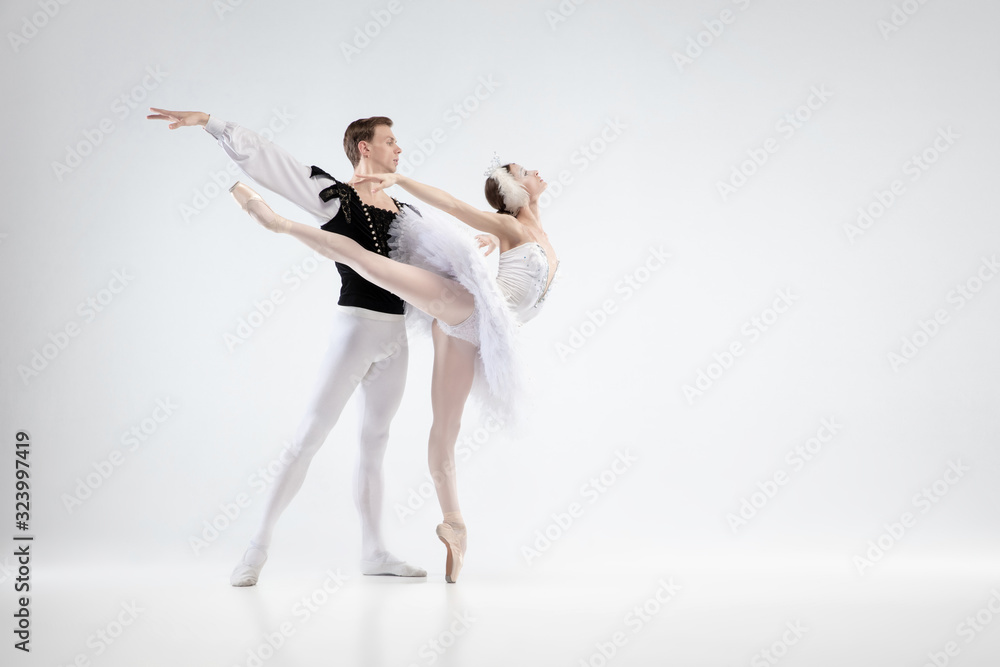 Fototapeta premium Direction. Graceful classic ballet dancers dancing isolated on white studio background. Couple in white clothes like a white swan characters. The grace, artist, movement, action and motion concept.