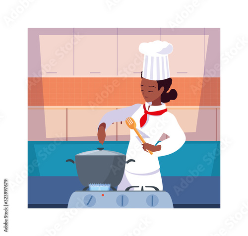 woman cooking, chef in white uniform