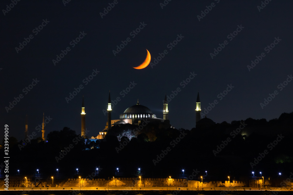 Hagia Sophia with crescent moon. Ramadan or islamic background photo.