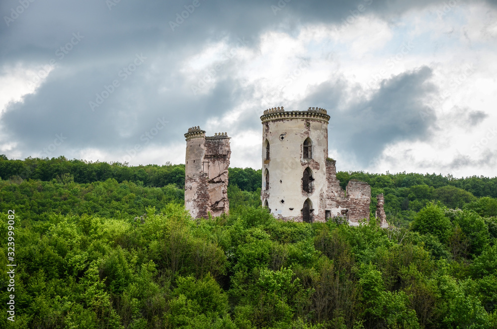The ruins tower of an old abandoned castle in the village of Chervonograd, Ternopil region, Ukraine