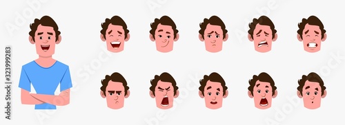 casual cartoon man character with different facial expression set.  different facial emotions for custom animation
