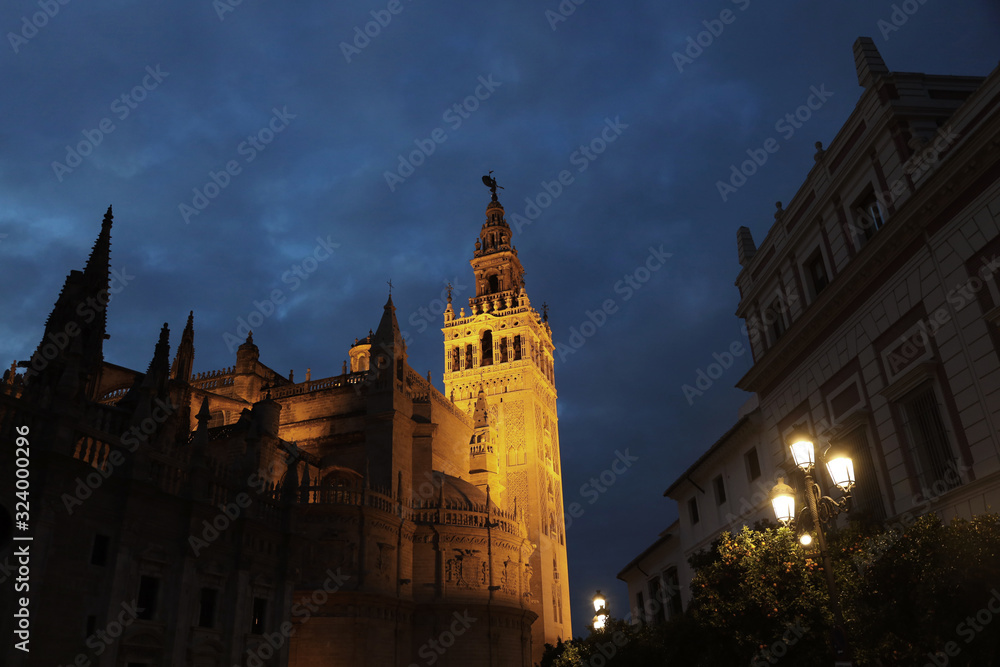 Giralda Tower with Seville Cathedral at Night