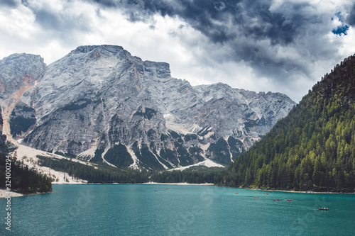 Panoramic view of Lake Braies in the mountains. View from above. Aerial view of Braies lake. Dolomites