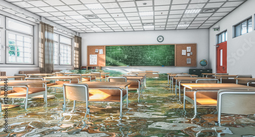 Fotografie 3d render image of an interior of a flooded traditional school class