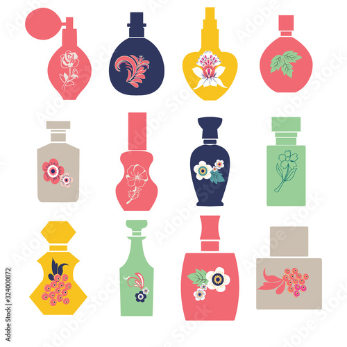 Vector set with vintage cosmetic and perfume bottles silhouette with herbs and flowers. illustration.