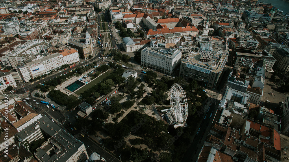Fototapeta premium Drone panoramic skyline view of Deák Ferenc square with ferris wheel.