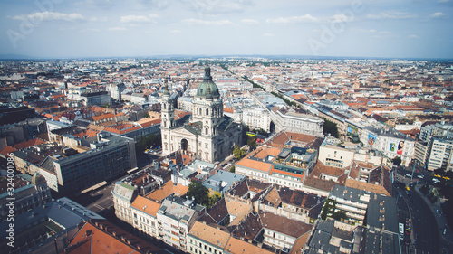 Aerial panoramic skyline view of Deák Ferenc square St.Stephen's Basilica, Hungarian Parliament and Matthias Church.