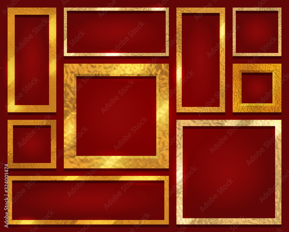 Set of decorative glowing frame picture. Gold luxury shiny border. Glamorous style template. Isolated vector on red background Set of decorative glowing frame picture. Gold luxury shiny border. Glamorous style template. Isolated vector on red background