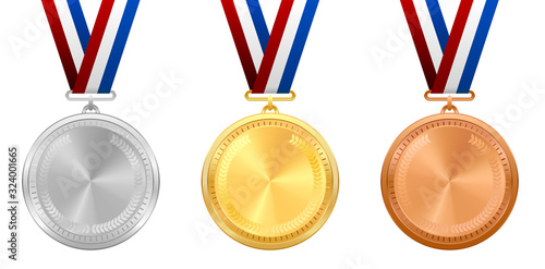 Vector illustration of gold, silver and bronze medals with realistic ribbons.