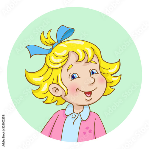 Portrait of a little cute girl with blond hair. Avatar icon in the circle. In cartoon style. Isolated on white background. Vector illustration.