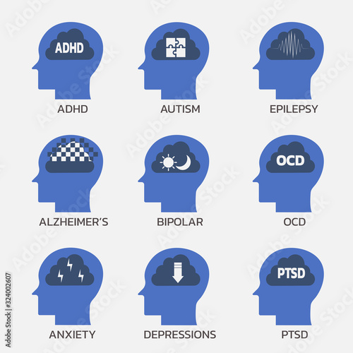 set of mental health concept with ADHD, Alzheimer, Anxiety, Autism, Bipolar, Depression, Epilepsy, OCD and PTSD, brain, mind and psychiatry sign symbol flat vector illustration