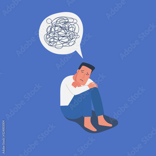 sad and unhappy young man in depression sitting on his knees, lonely boy with confused on mind, sorrow, mental health concept, cartoon male character vector flat illustration