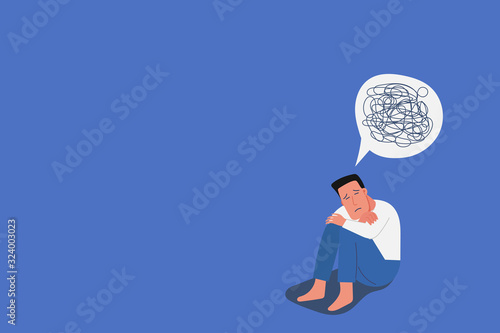 unhappy young man in depression sitting on his knees, lonely boy with confused on mind, sorrow, mental health concept, cartoon male character vector flat illustration