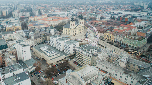 Drone view of Kossuth square and Christmas market in Debrecen.