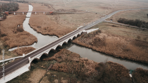Aerial drone view showing nine arched bridge, attraction architecture landmark , Hungary.