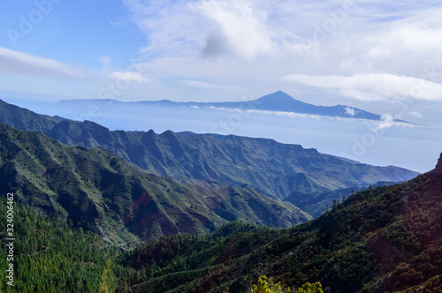 Views of the island of Tenerife and the Teide from the viewpoint of the Laja in the haze of the summits in La Gomera. April 15  2019. La Gomera  Santa Cruz De Tenerife Spain Africa. Travel Tourism