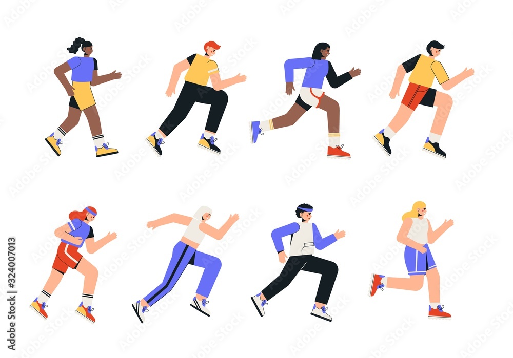 Healthy active lifestyle, city run, training, cardio exercising. Jogging people. Sports competition, outdoor workout or exercise, athletics. Flat style vector illustration on white background.
